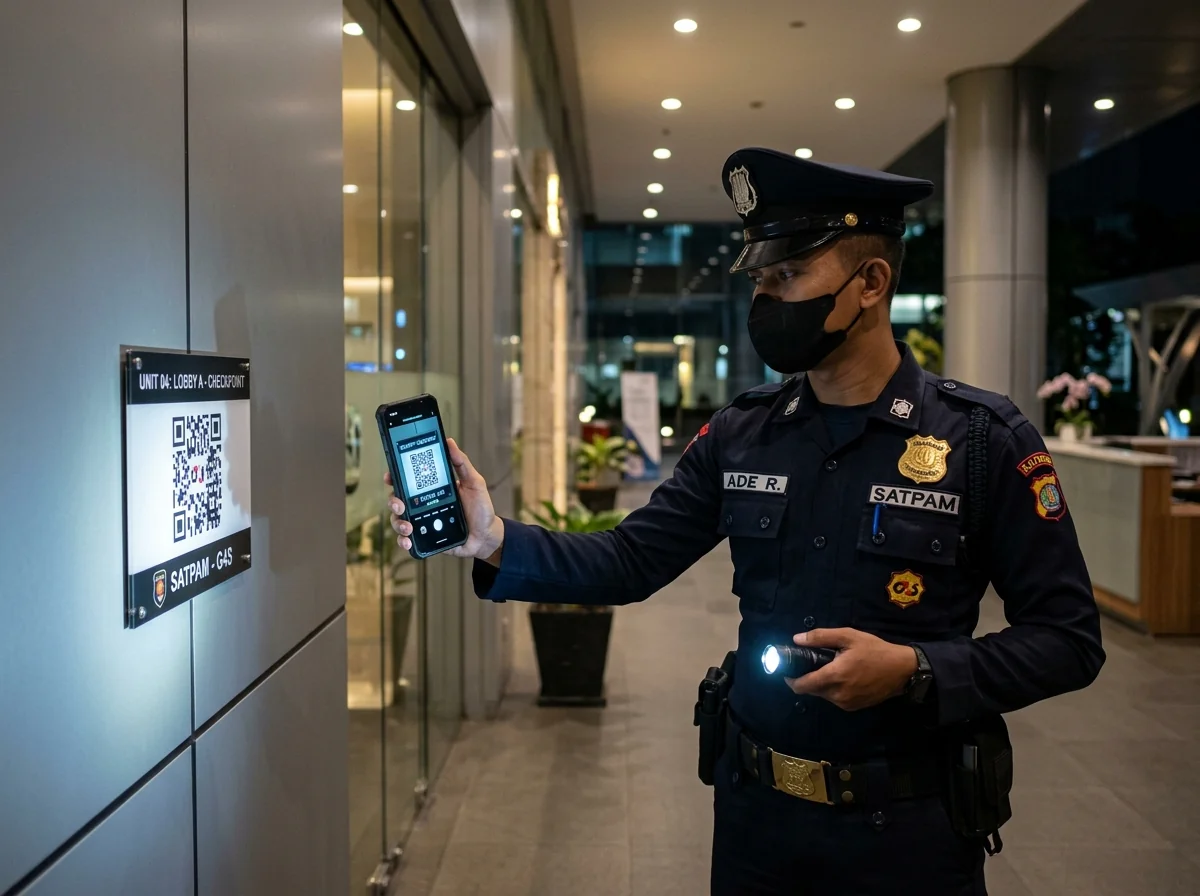 Petugas Satpam Melakukan Scan Barcode Patroli